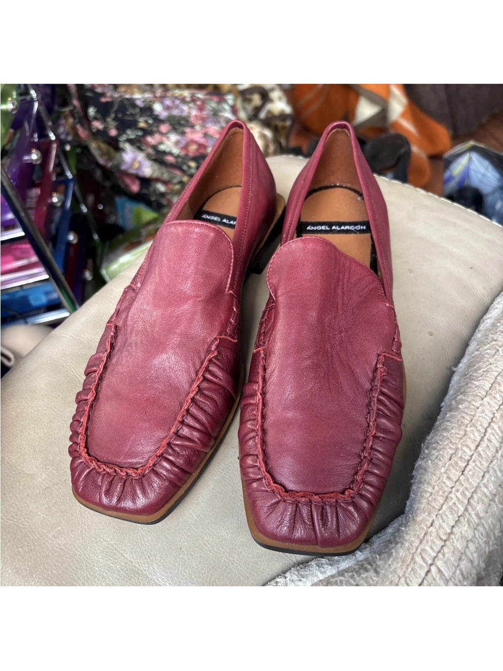 Angel Alarcon Women's  Burgundy Genuine Leather Slip-On Loafers Size 7.  New!